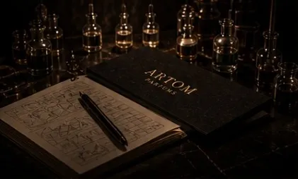 Caderno de fórmulas ARTOM entre frascos de essências no ateliê