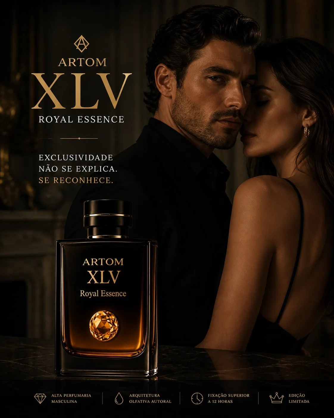 Casal em ambiente à luz de velas com o frasco ARTOM XLV em primeiro plano