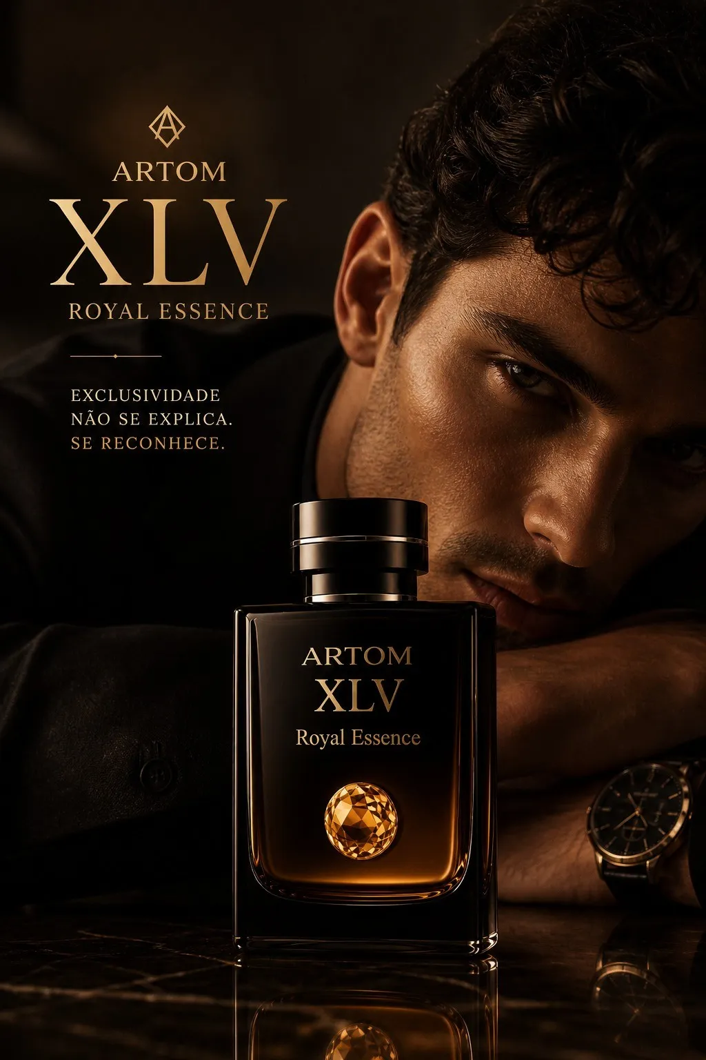 Retrato masculino em luz baixa com o frasco ARTOM XLV