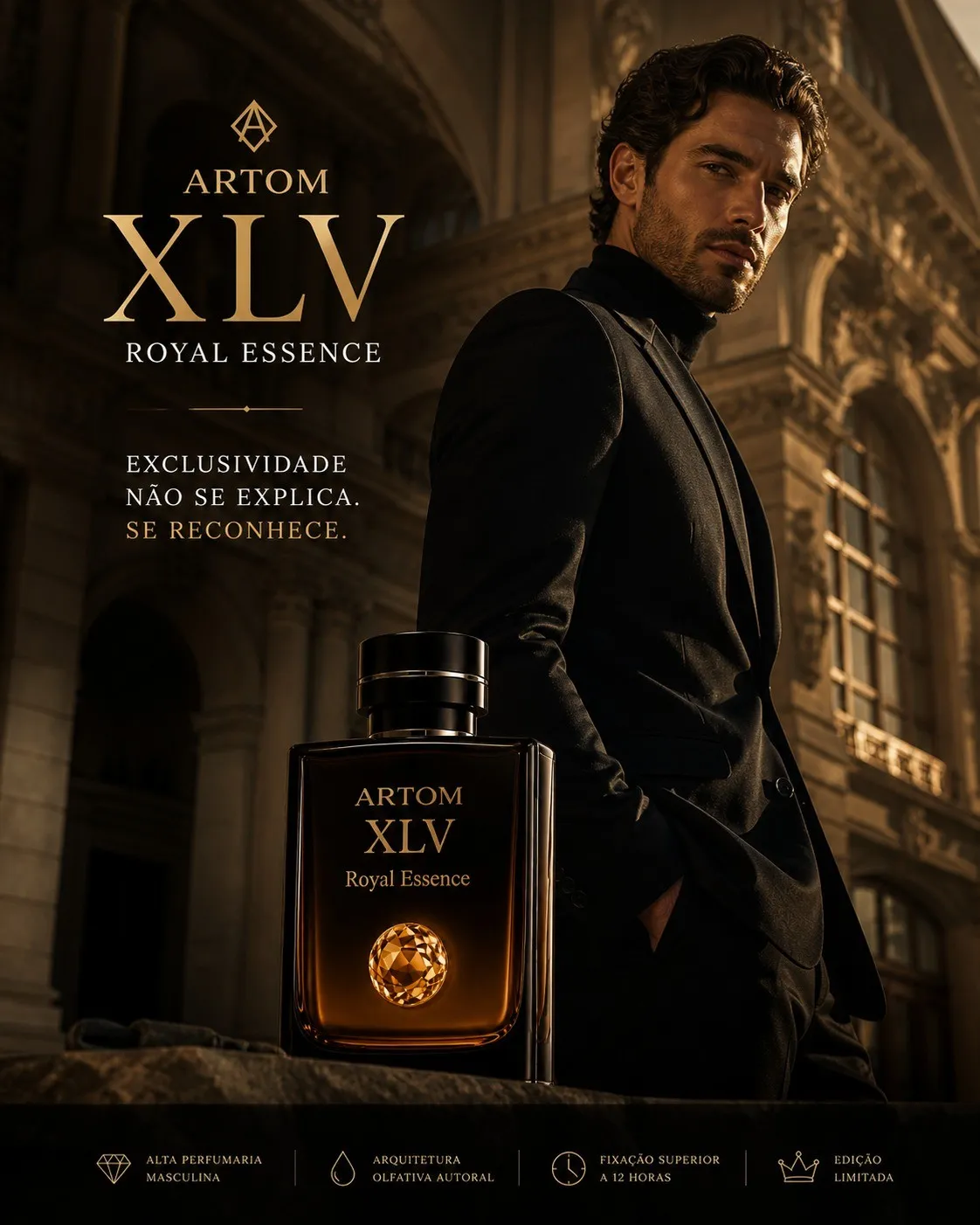 Homem de terno escuro diante de um palácio, ao lado do frasco ARTOM XLV