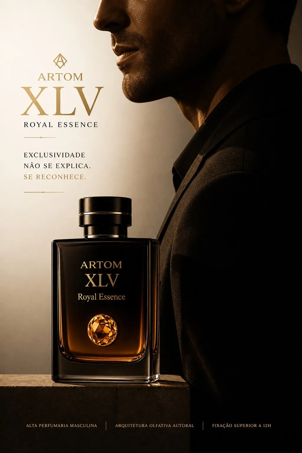 Perfil masculino em contraluz ao lado do frasco ARTOM XLV